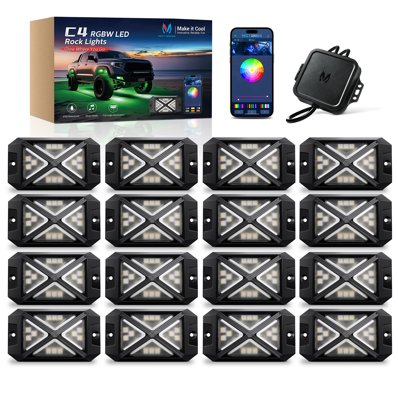 MICTUNING RGBW LED Rock Lights 16 Pods 4-Sided Underglow Neon Accent Light Kit