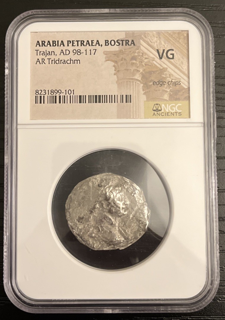 Arabia Petraea, Bostra Trajan, AD 98-118 AR Tridrachm NGC VG (edge chips) Arabia Petraea, Bostra Trajan, AD 98-118 AR Tridrachm NGC VG (edge chips)