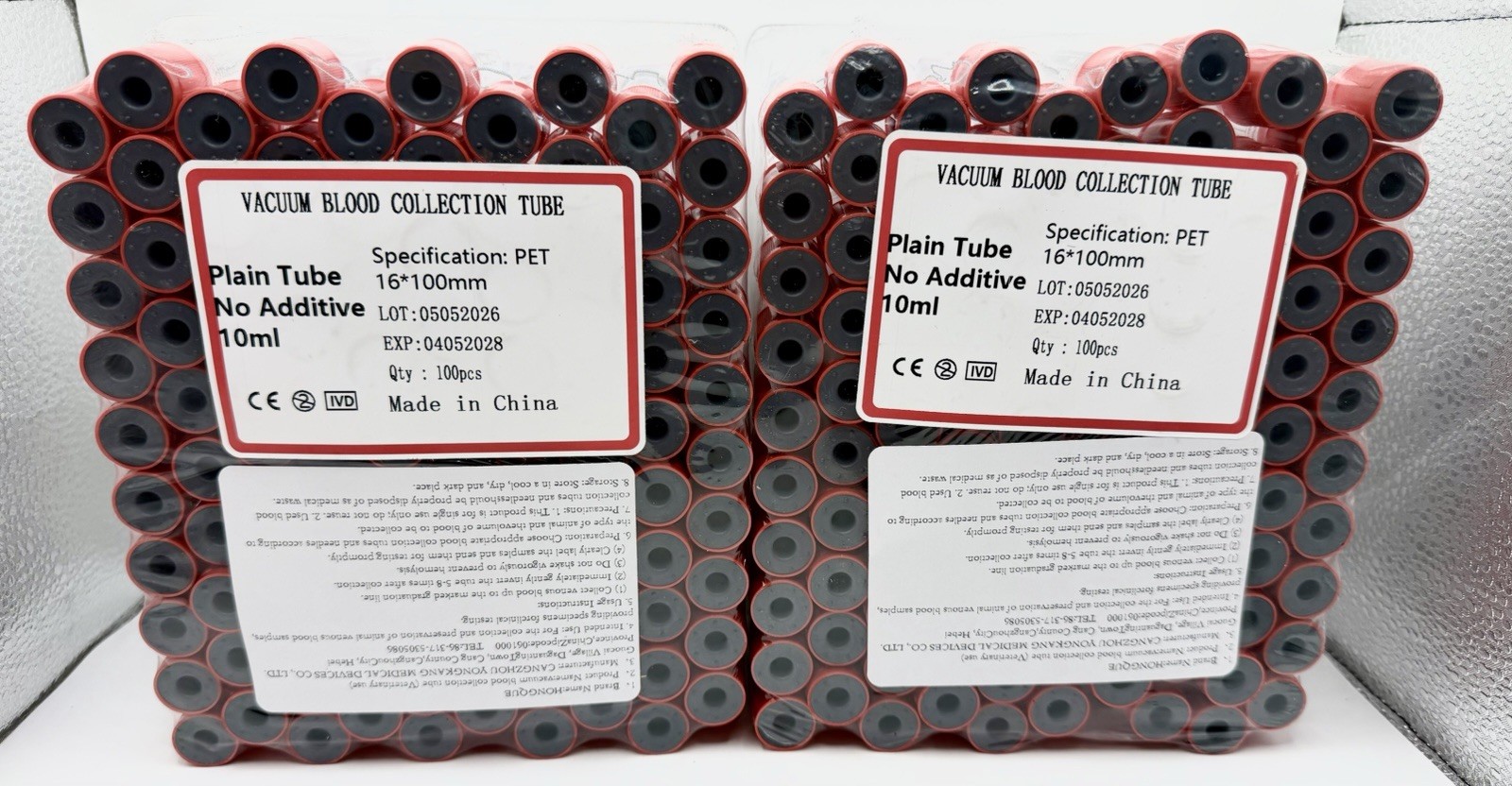 200PCS VACUUM BLOOD COLLECTION PLAIN TUBE NO ADDITIVE, 16X100MM, 10ML, EXP 2028