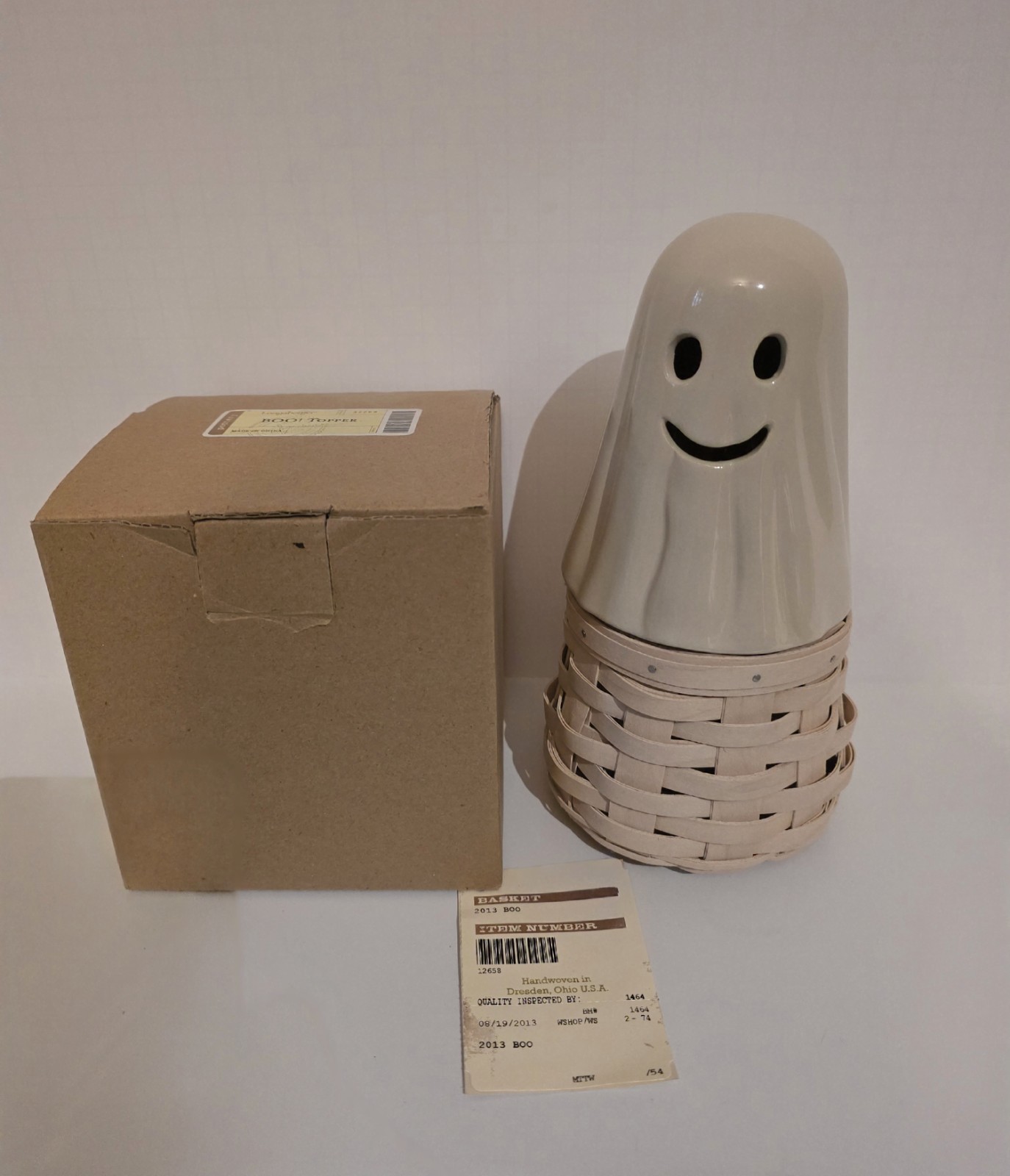 Rare Longaberger 2013 BOO Ghost Basket + Pottery Ceramic Topper ~ Halloween