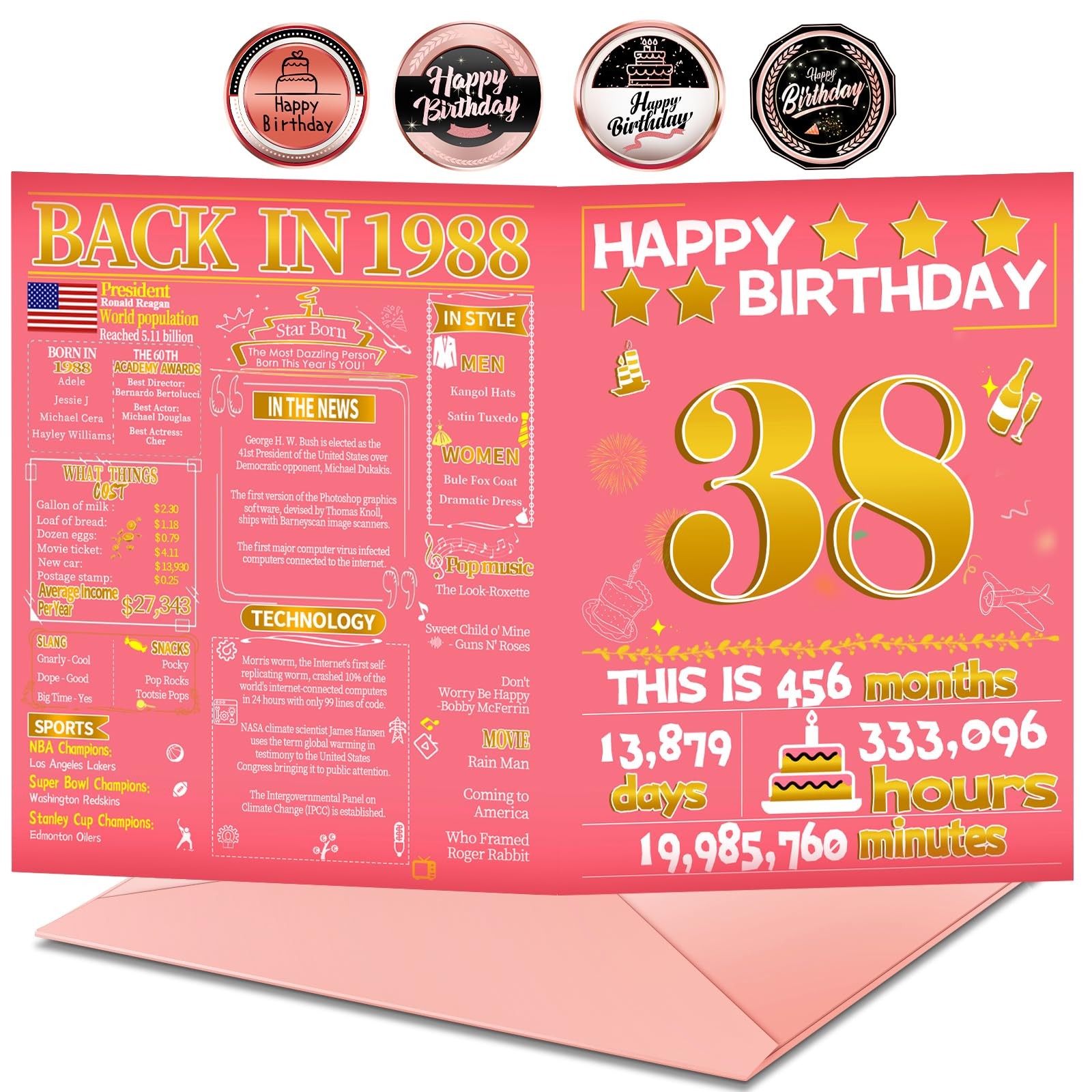 Joycard 38th Birthday Card, Pink Gold, 38th-1988
