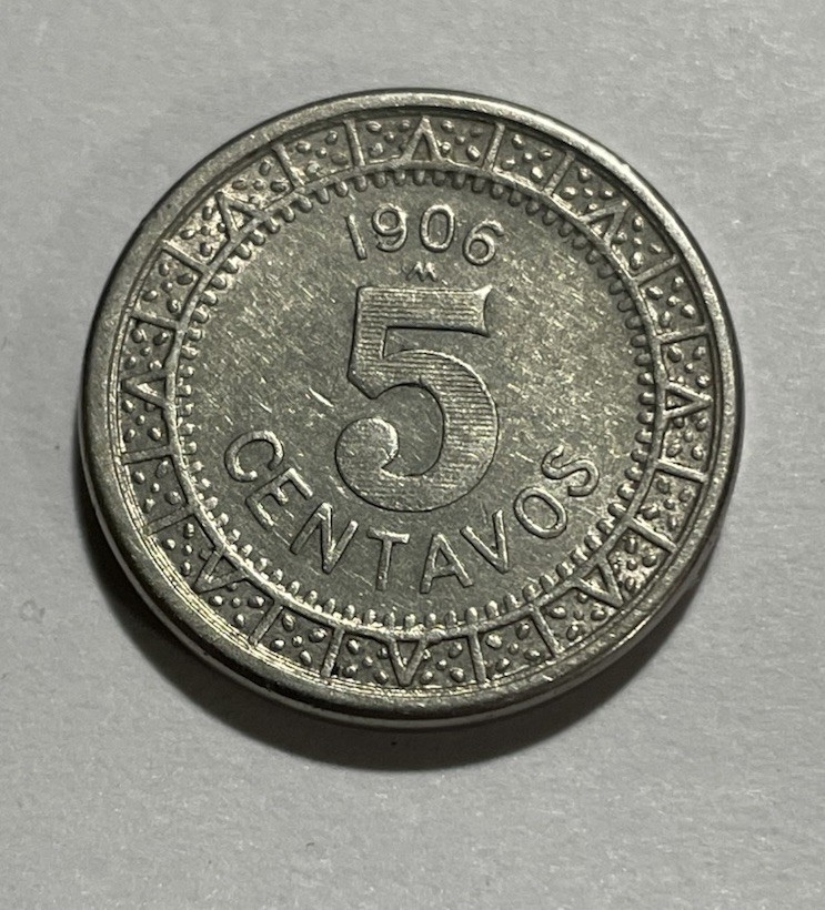🇲🇽 1906 Mexico 5 Centavos Nickel Coat of Arms Ornamented Circle