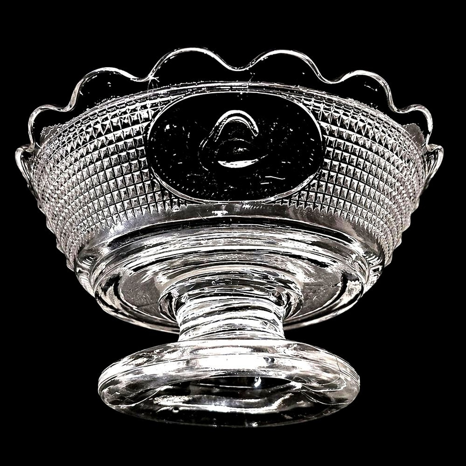 Antique c1882 Brilliant Glass Swan Mesh EAPG Footed Dessert Berry Bowls Set of 2