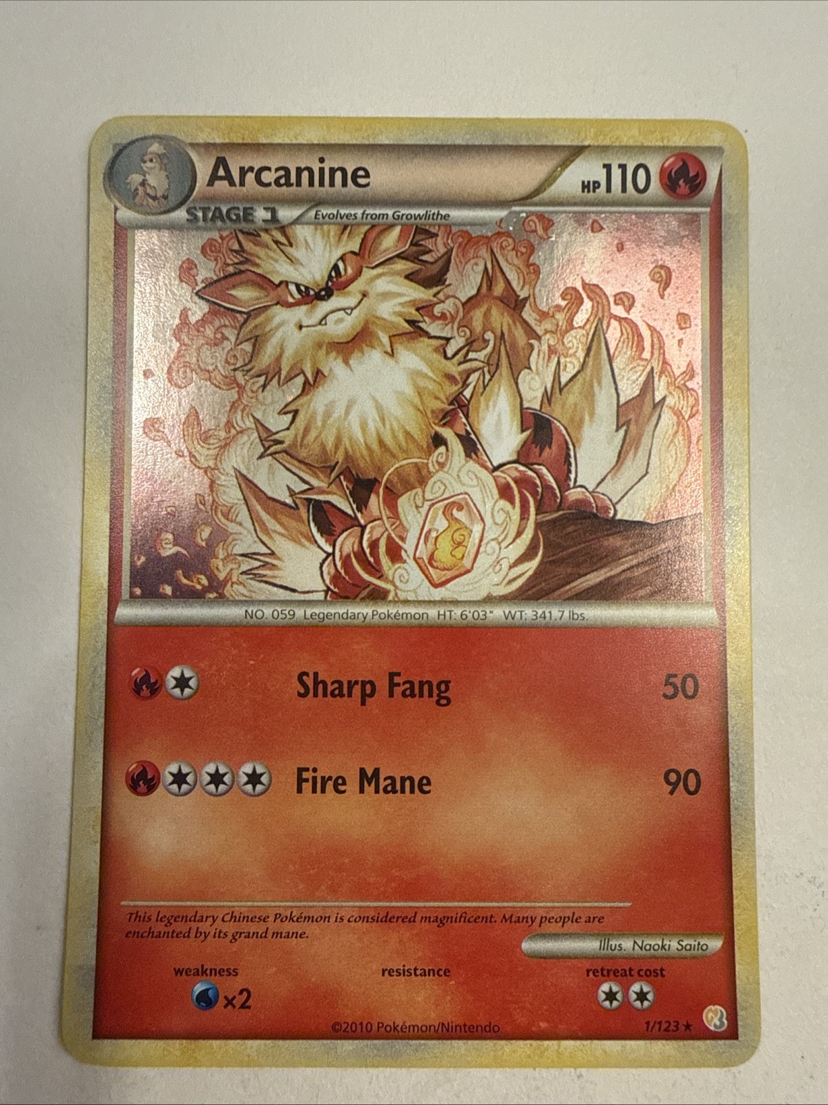 Arcanine 1/123 Holo Rare 2010 Pokemon HeartGold & SoulSilver Card NM Arcanine 1/123 Holo Rare 2010 Pokemon HeartGold & SoulSilver Card NM