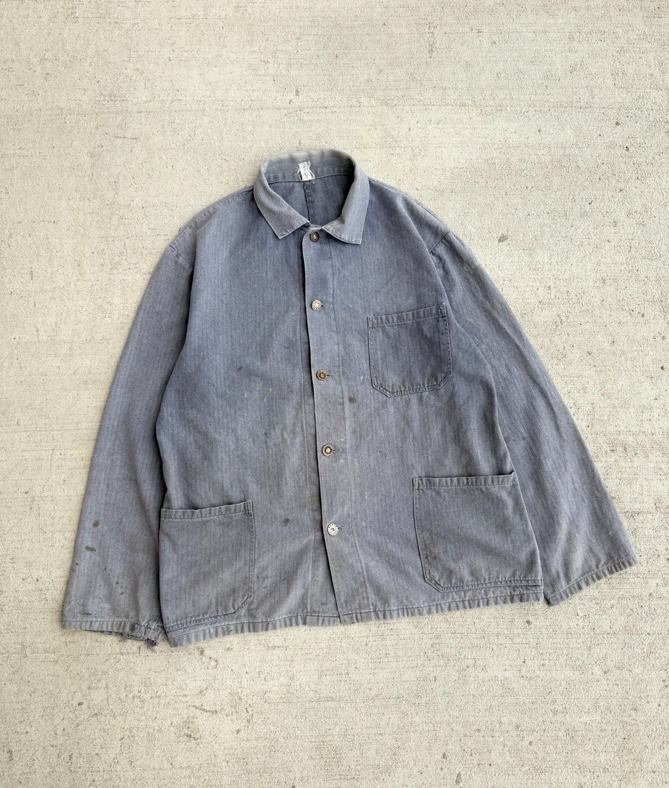 Vintage 50s 60s Light Wash Czech HBT Chore Jacket with metal laurel donut button Vintage 50s 60s Light Wash Czech HBT Chore Jacket with metal laurel donut button
