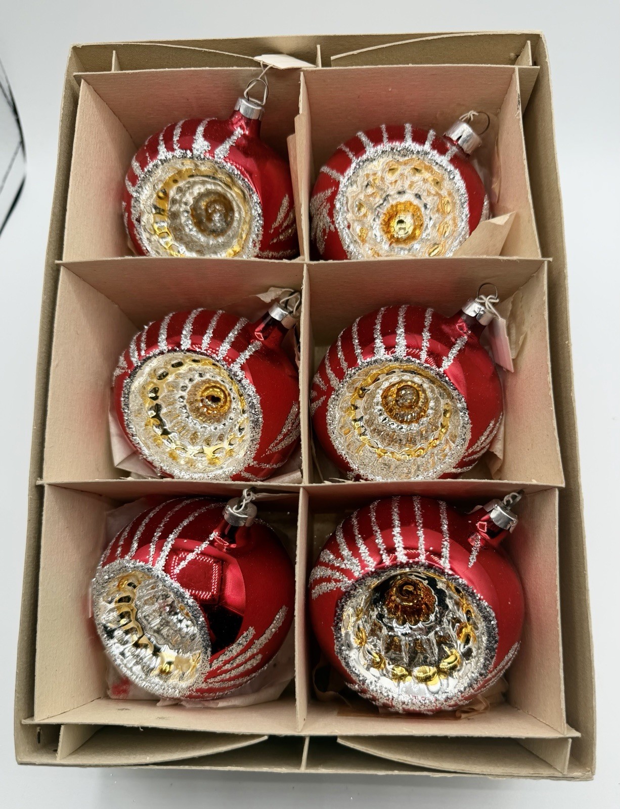 Vintage West Germany Christmas Ornaments Set 6 Red Deep Indent Reflector Glitter