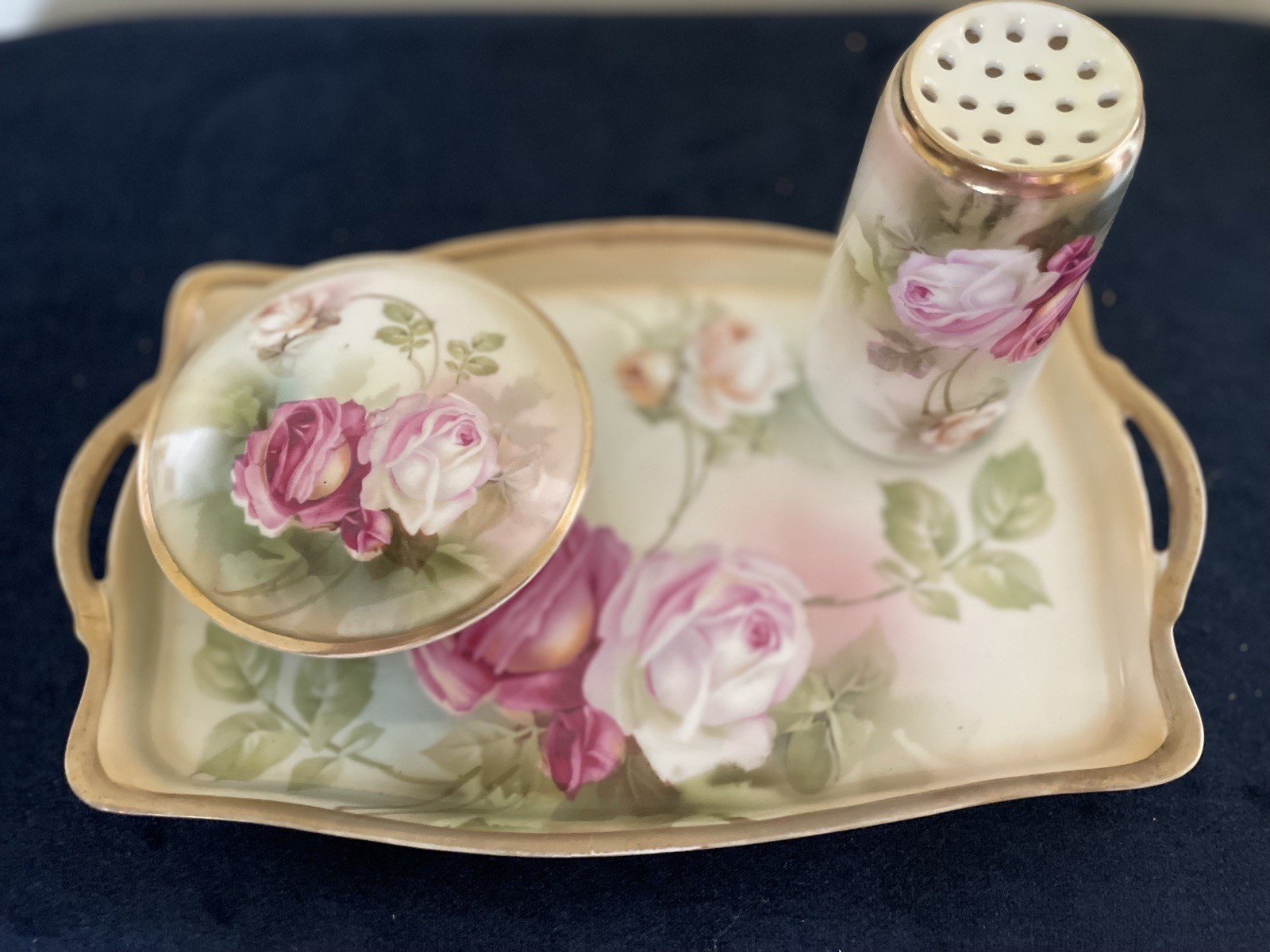 Antique RS Germany Porcelain Dresser Vanity Set Tray, Hat Pin Holder Powder Jar Antique RS Germany Porcelain Dresser Vanity Set Tray, Hat Pin Holder Powder Jar