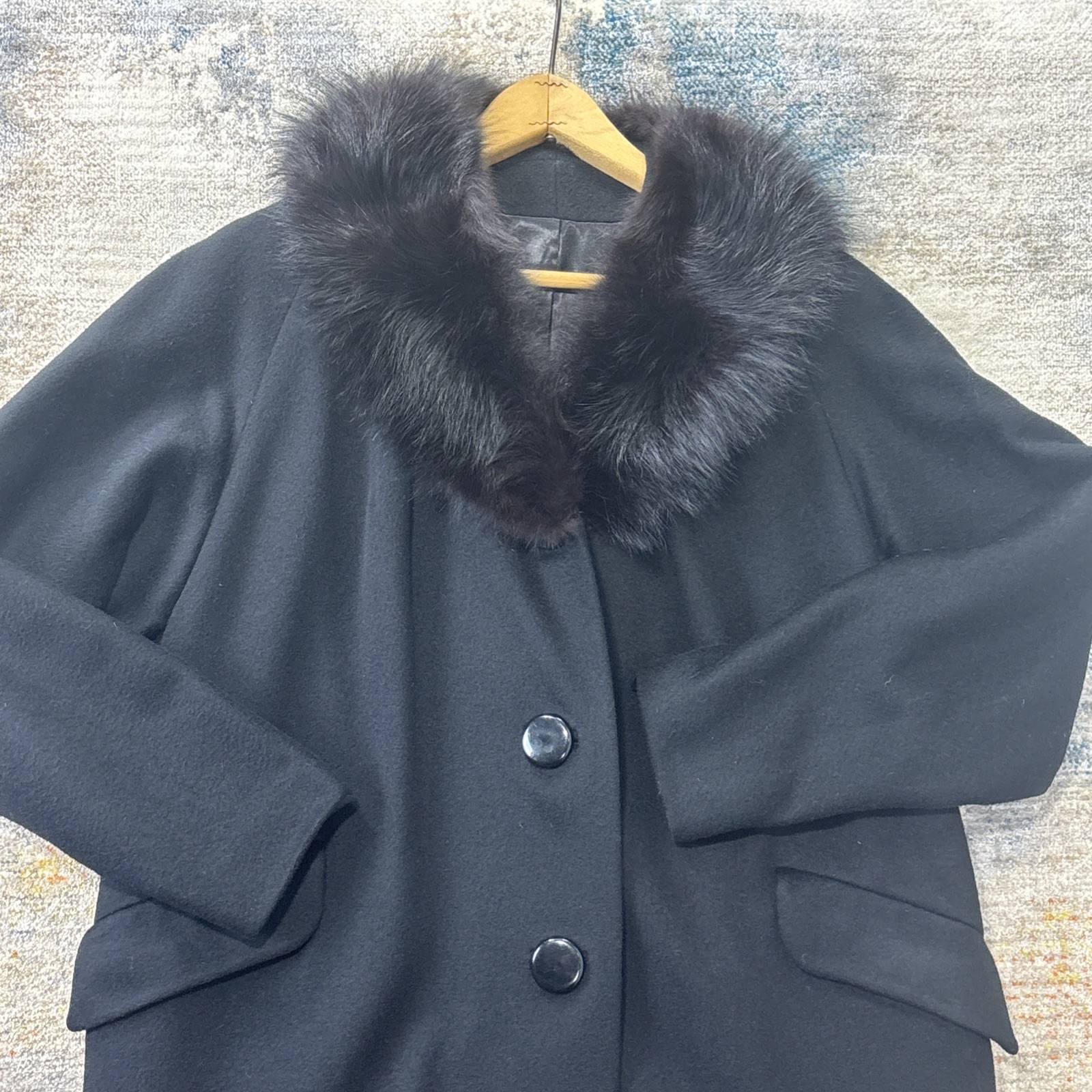 Vintage 50s 60s Women’s Black Wool Coat Fur Collar Union Made Small MCM