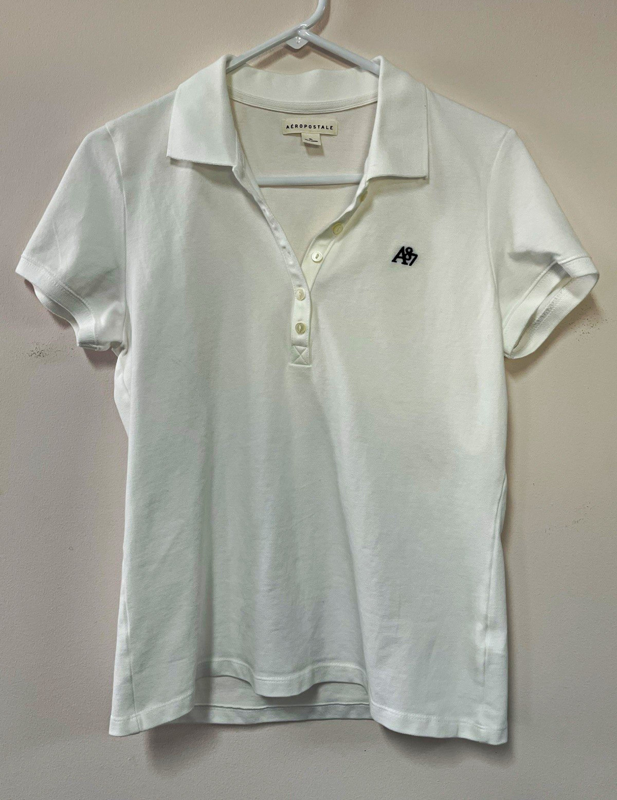 Aeropostale A87 Polo Shirt Women’s XL White Navy Logo Short Sleeve Preppy
