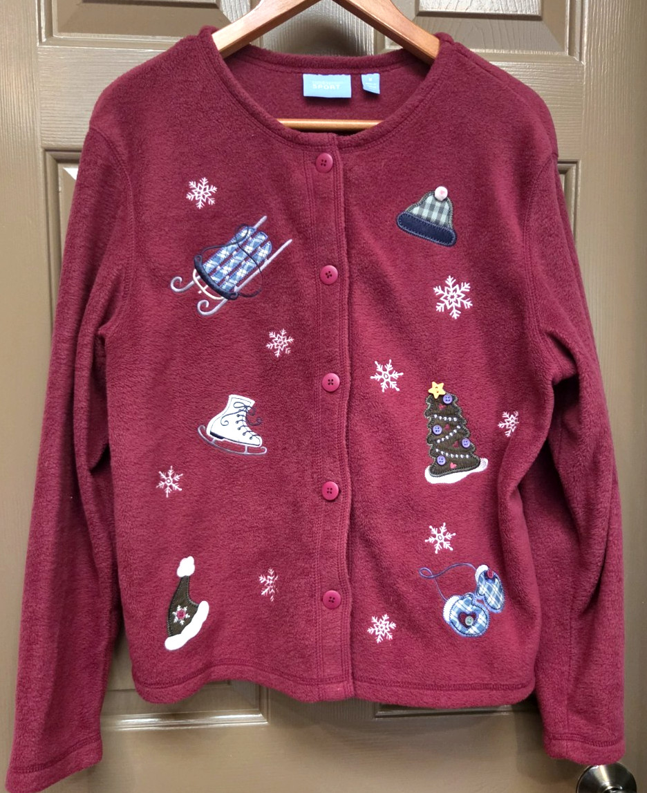 VTG 90s Croft & Barrow Cardigan Fleece Winter Applique Women’s Sz M Burgundy VTG 90s Croft & Barrow Cardigan Fleece Winter Applique Women’s Sz M Burgundy