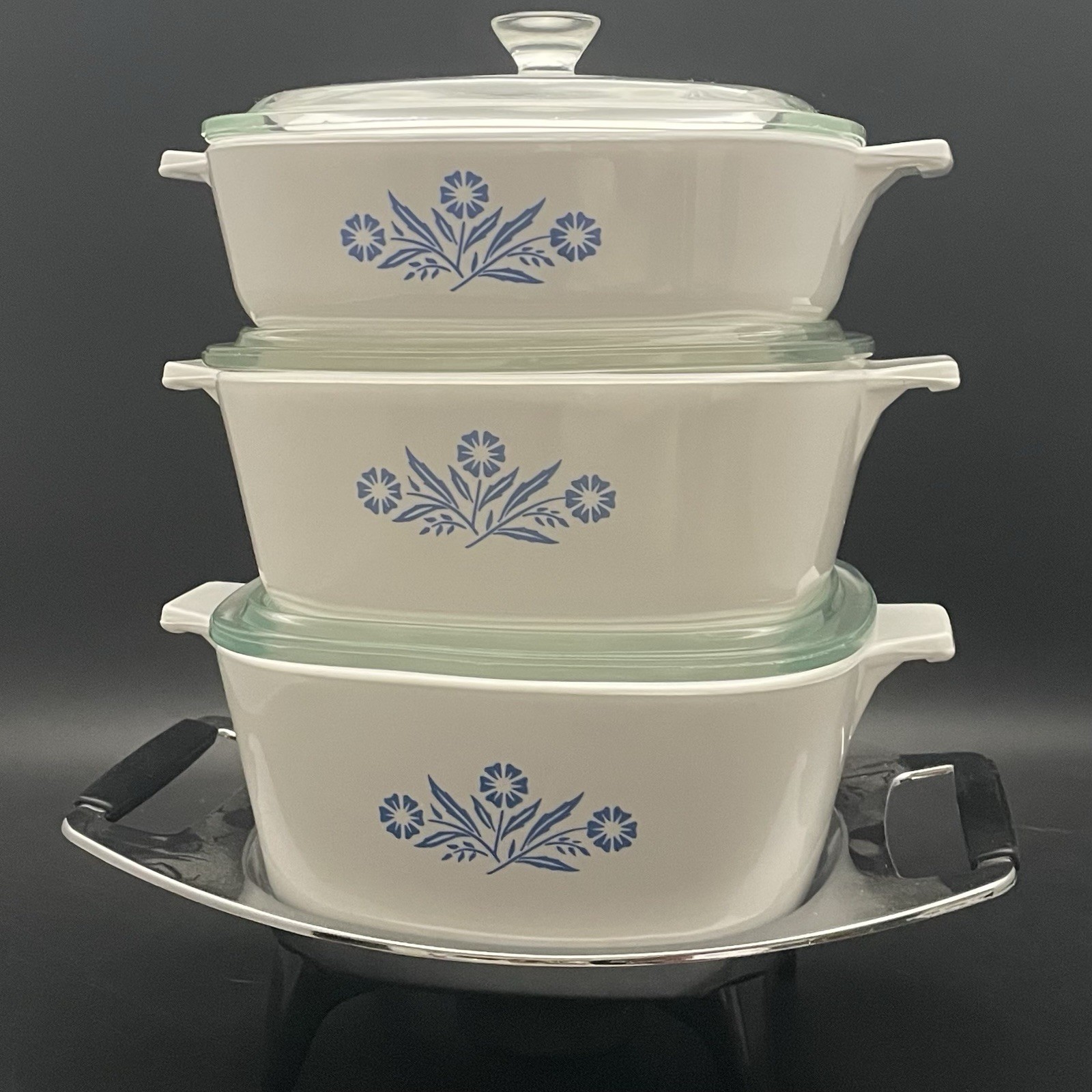 Corning Ware 4pc Blue Cornflower P-1-B P-1 1/2-B P-1 3/4-B Candle Warmer 1961-66