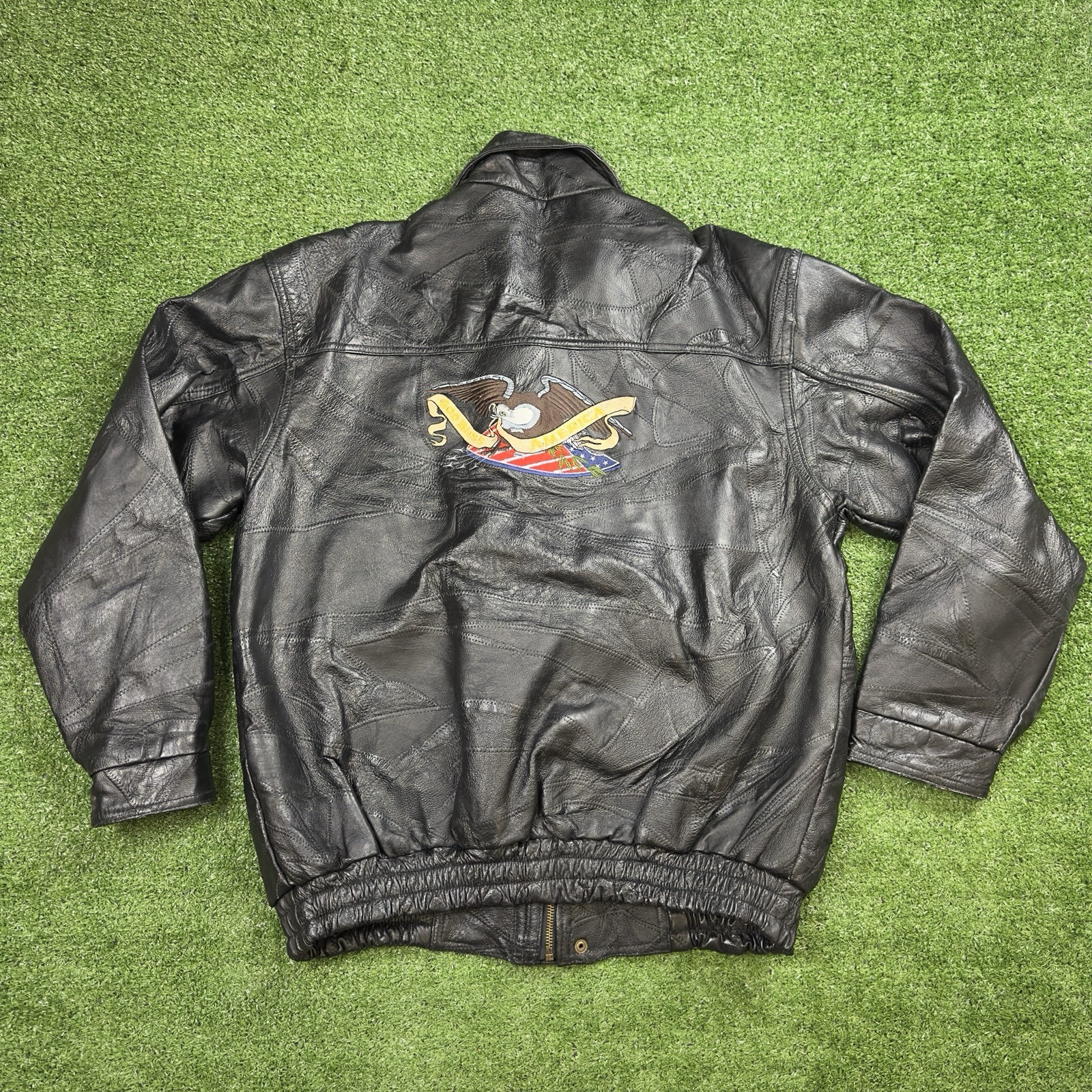 Vintage Genuine Leather Full Zip Motorcycle Jacket God Bless America Large Eagle