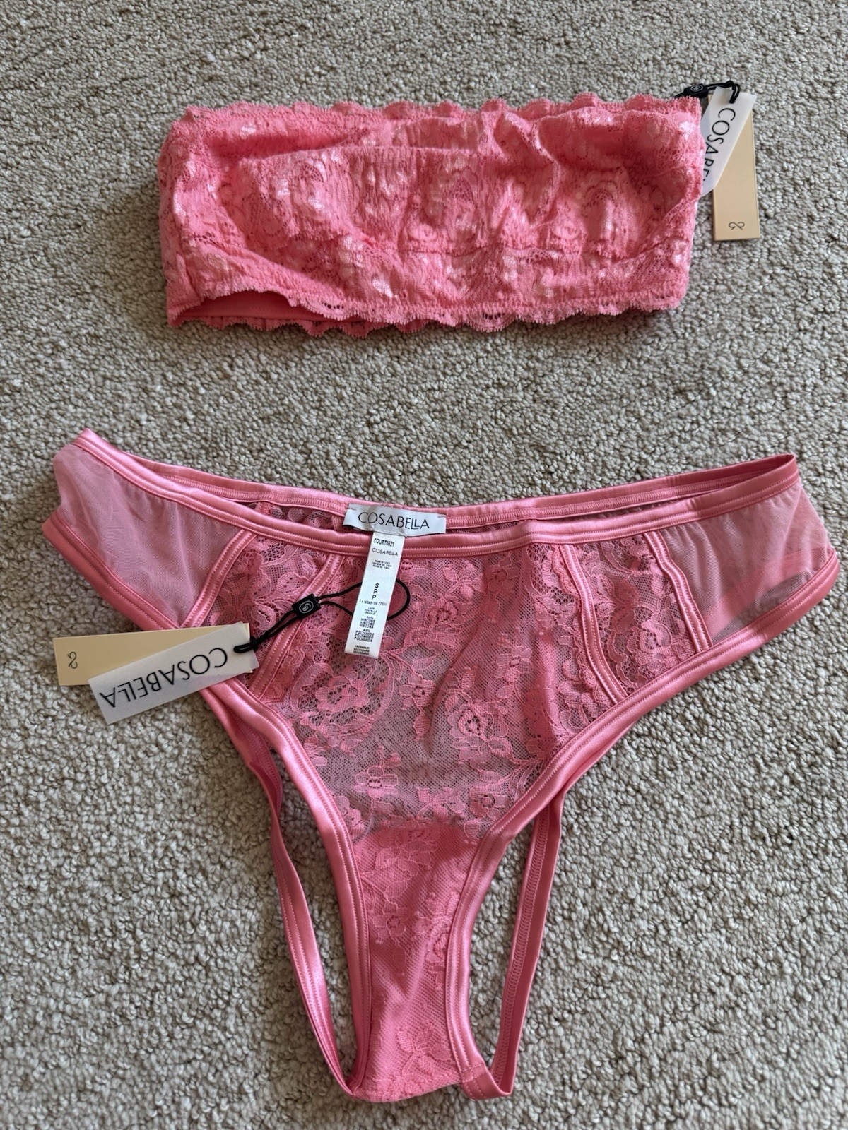 NWT Cosabella Never Say Never Lace Sheer Wireless Bandeau Bra & Ouvert Bikini S