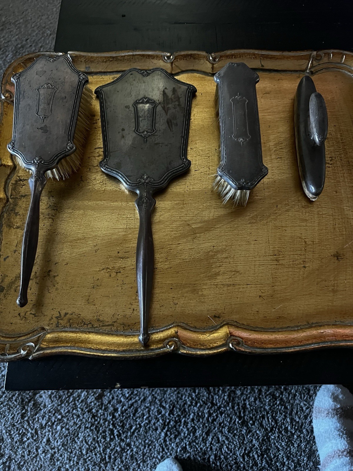 Antique Sterling Silver Vanity Set , Mirror, Nail Buffer, Brush Etc