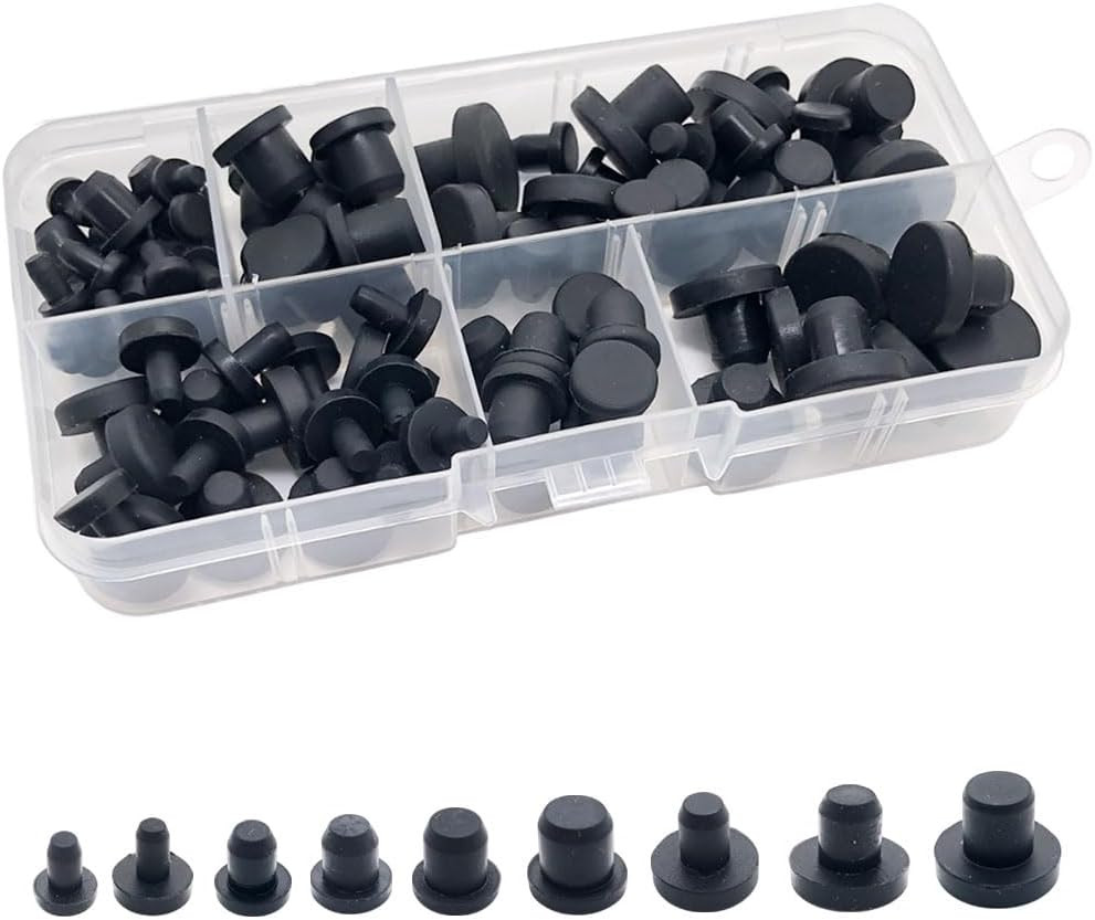 100 Pcs Silicone Rubber Hole Plugs Set - 9 Sizes T-Type Black Silicone Plugs 100 Pcs Silicone Rubber Hole Plugs Set - 9 Sizes T-Type Black Silicone Plugs