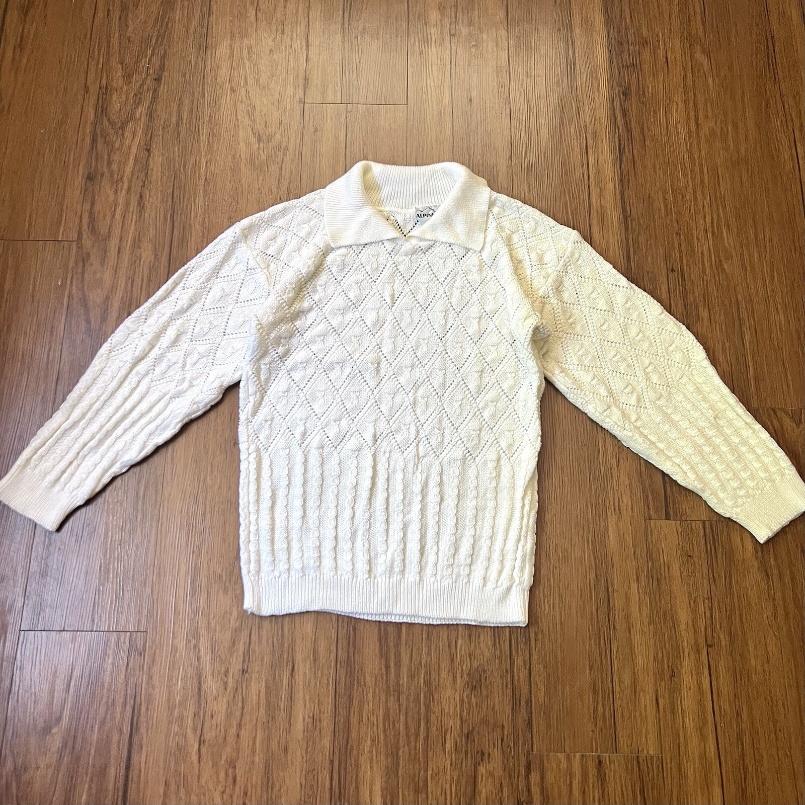 VTG 70s Diamond Knit Sweater Womens White Cable Collared Preppy Office Medium VTG 70s Diamond Knit Sweater Womens White Cable Collared Preppy Office Medium