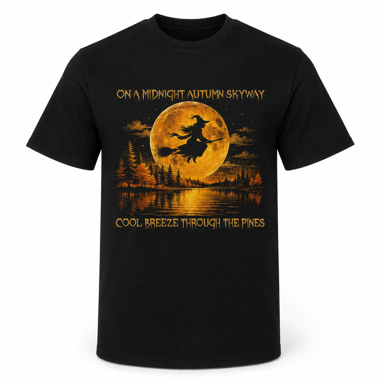 Witch Moon Halloween T Shirt Autumn Forest Broom Spooky Unisex Graphic Tee