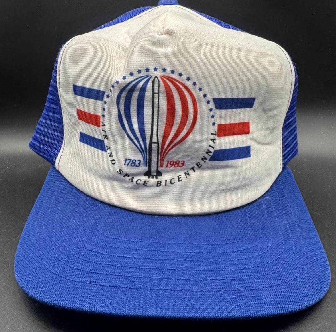 Vintage 1983 Air and Space Bicentennial Trucker Hat Mesh Snapback Balloon Rocket