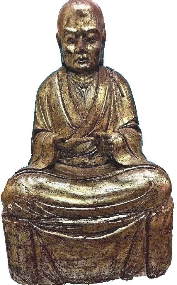 Massive Antique Gilt and Lacquered Wood Seated Lohan