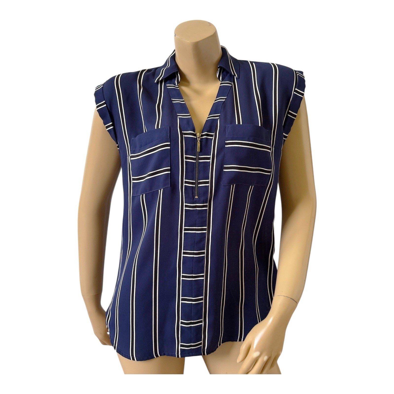 Express Blouse Womens Small Blue White Black Striped Half Zip Collared Pockets Express Blouse Womens Small Blue White Black Striped Half Zip Collared Pockets