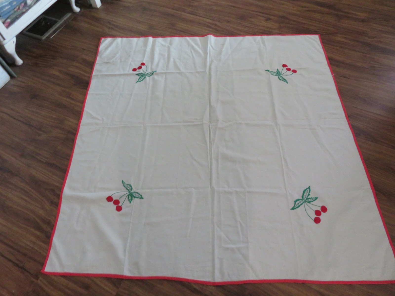 Adorable Vintage Tablecloth w Embroidered Cherries White w Red Rim Cotton