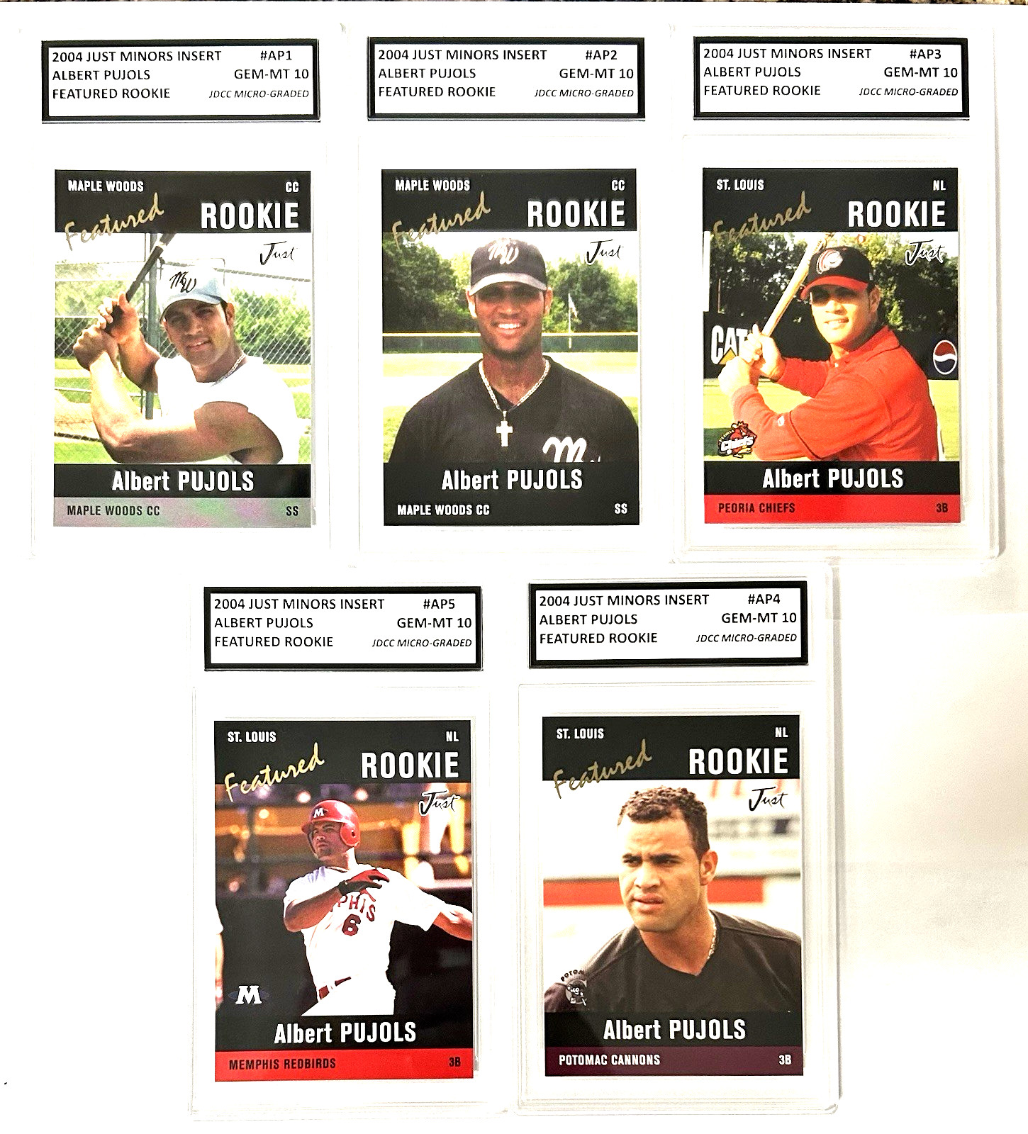 Lot Of 5 Albert Pujols JUST MINORS GRADED GEM-MT 10 Rookie Insert Set W/H Coa