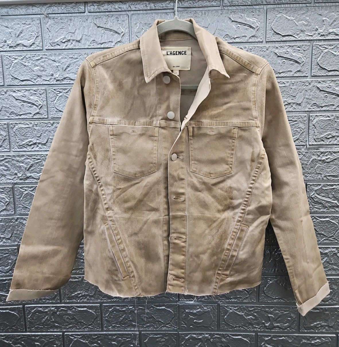 New L\'agence Janelle Slim Fit Raw Denin Jacket Biscuit Womens Size L New L\'agence Janelle Slim Fit Raw Denin Jacket Biscuit Womens Size L