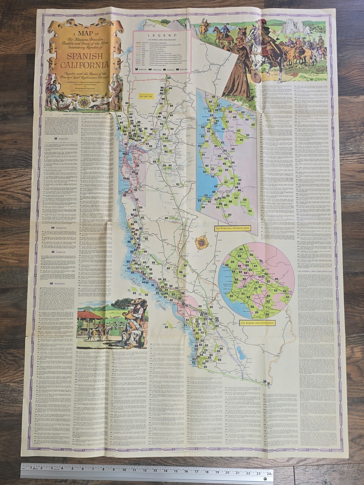 1956 Spanish California Missions Ranchos Land Grants Westways Pictorial Map