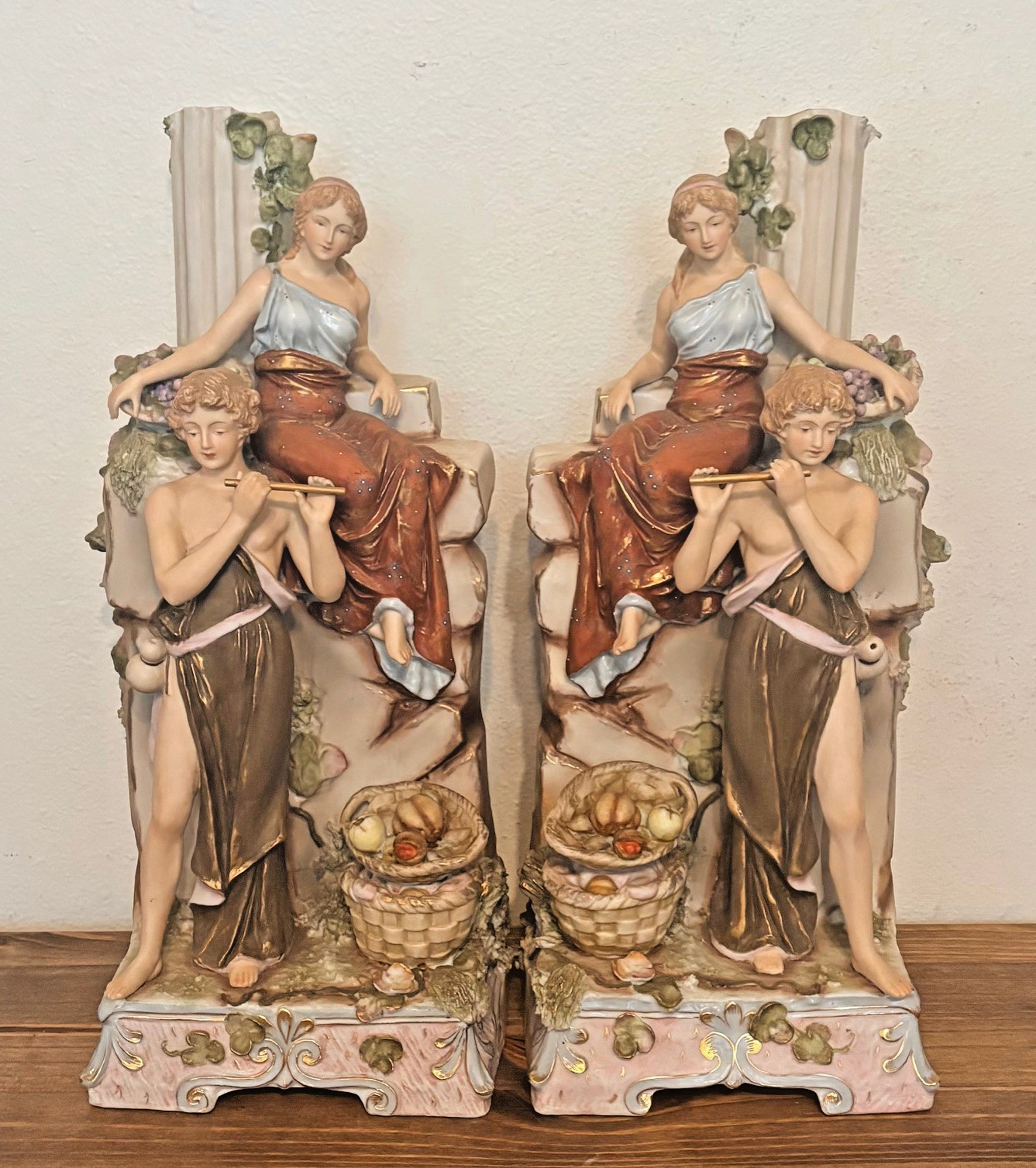 PAIR of 2 Antique German Porcelain Figural Sculptures Statues Lamp Bases - 19