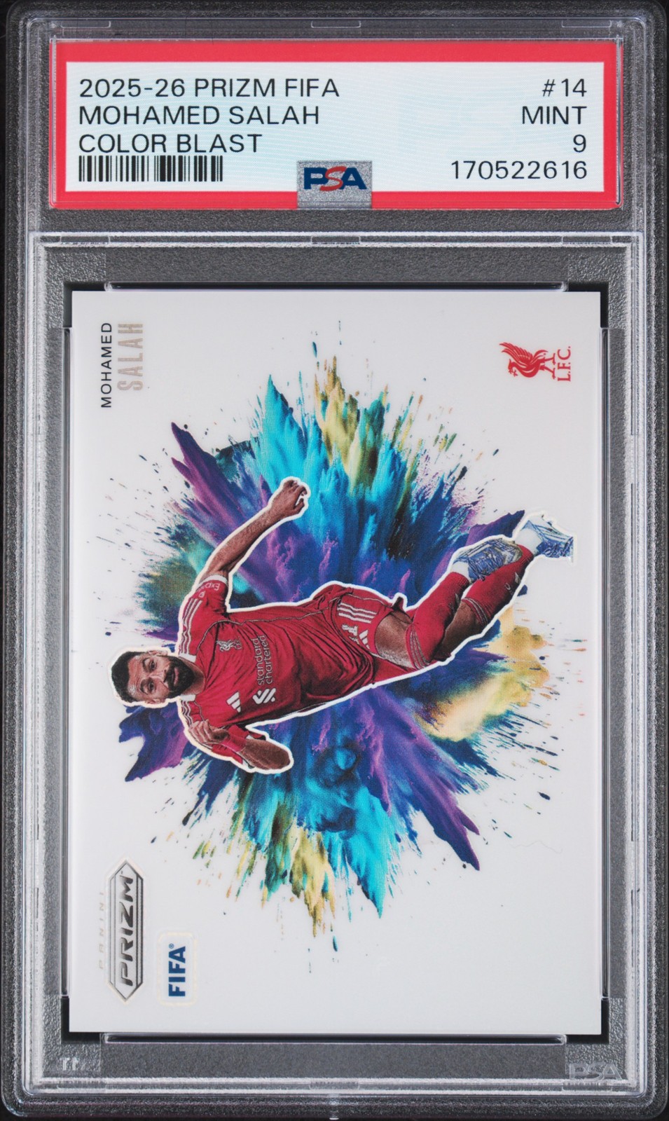 2025-2026 Panini Prizm Fifa Color Blast #14 Mohamed Salah PSA 9