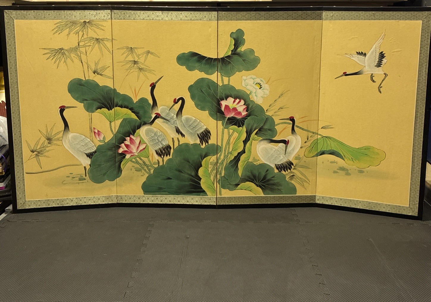 VINTAGE LARGE JAPANESE 4 PANEL FOLDING Silk SCREEN Cranes Lily 68\ VINTAGE LARGE JAPANESE 4 PANEL FOLDING Silk SCREEN Cranes Lily 68\