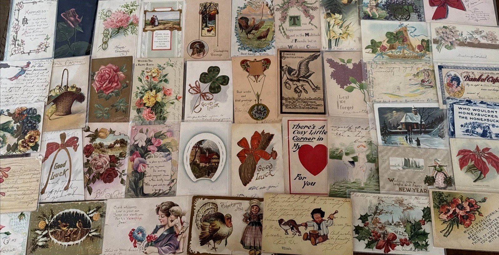 ~Lot of 43 Antique 1900\'s~Mixed Topics Greetings Postcards~All with stamps-s823