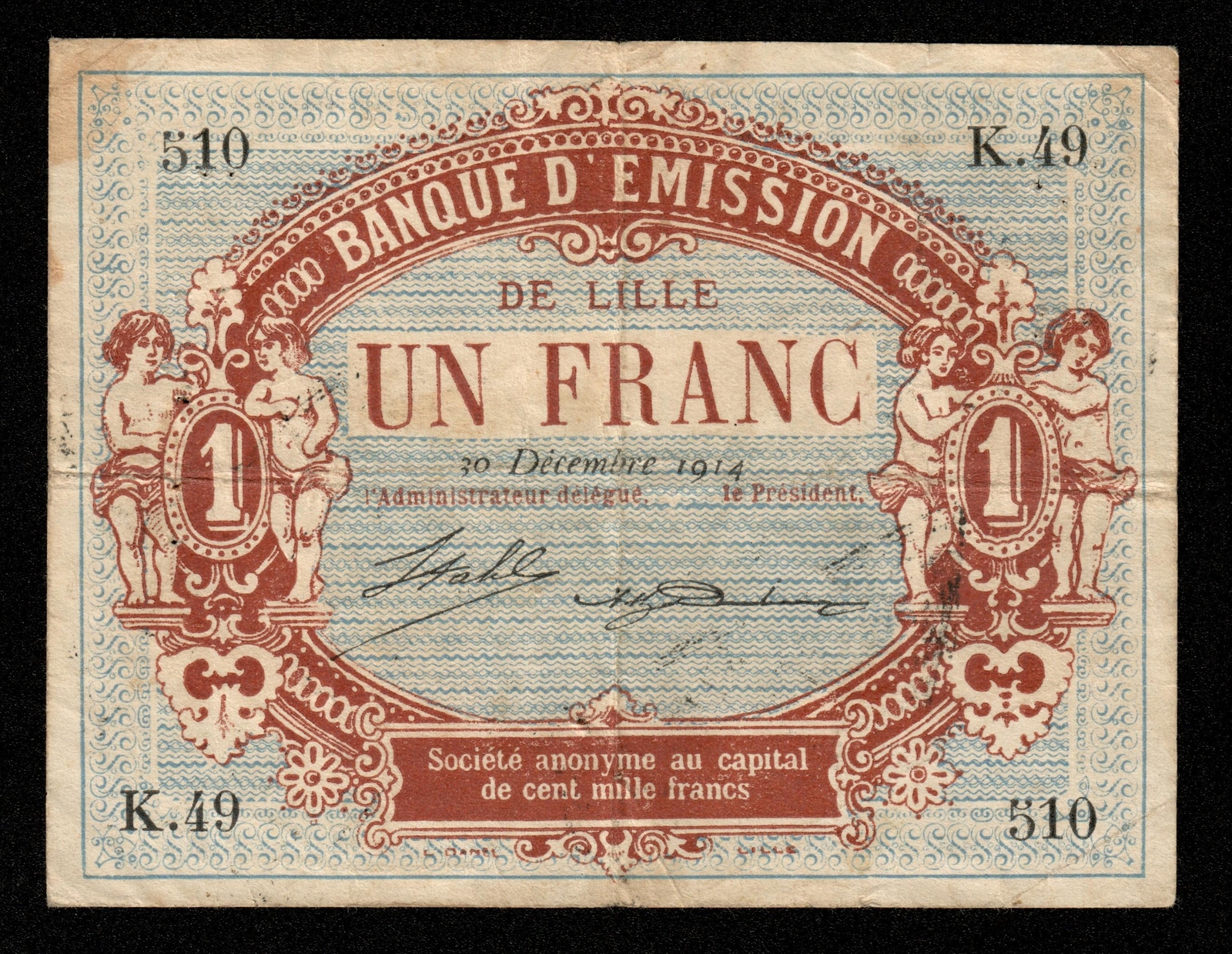 FRANCE - Banque d'émission de Lille, 1 Franc 1914, stamp Brussels VF / VF