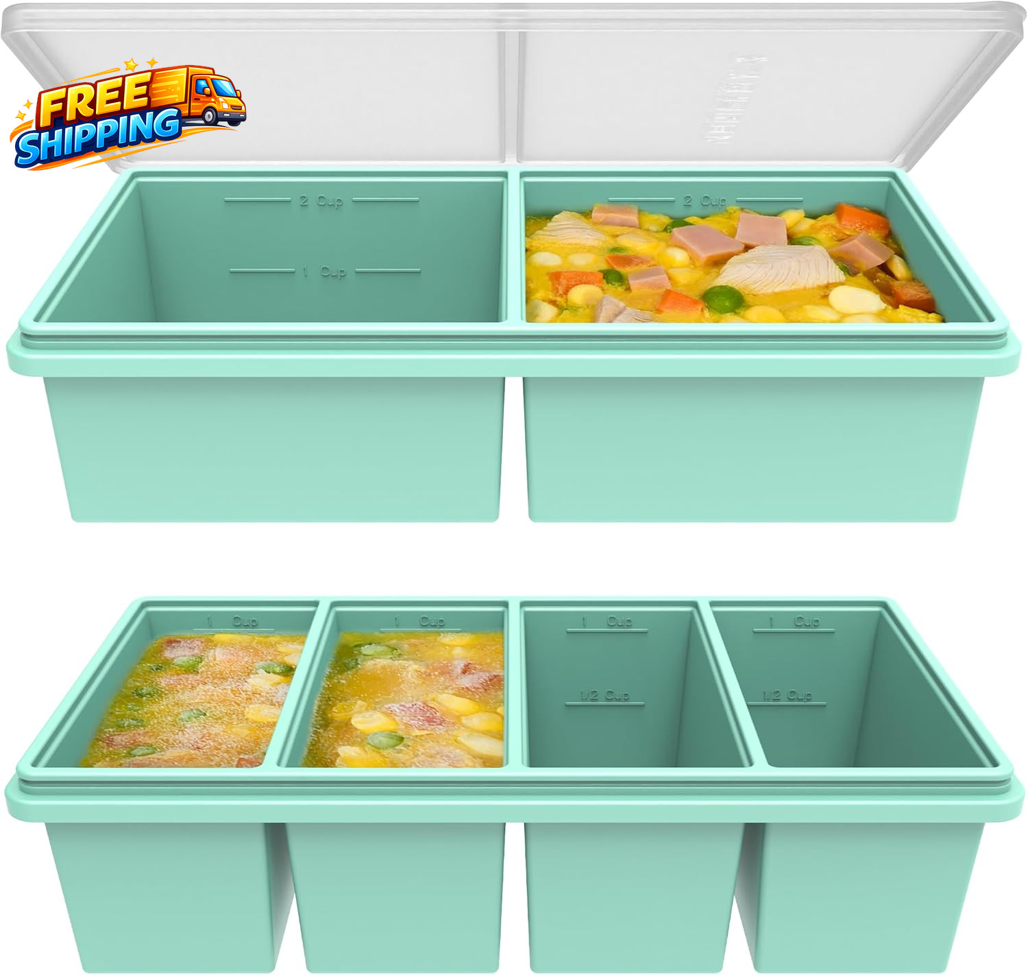 Silicone Soup Freezer Molds with Lids 2 Cup & 1 Cup Combo Soup Container