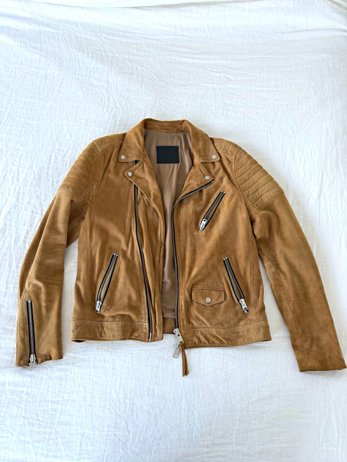 AllSaints Men’s Tan Suede Leather Biker Jacket Medium