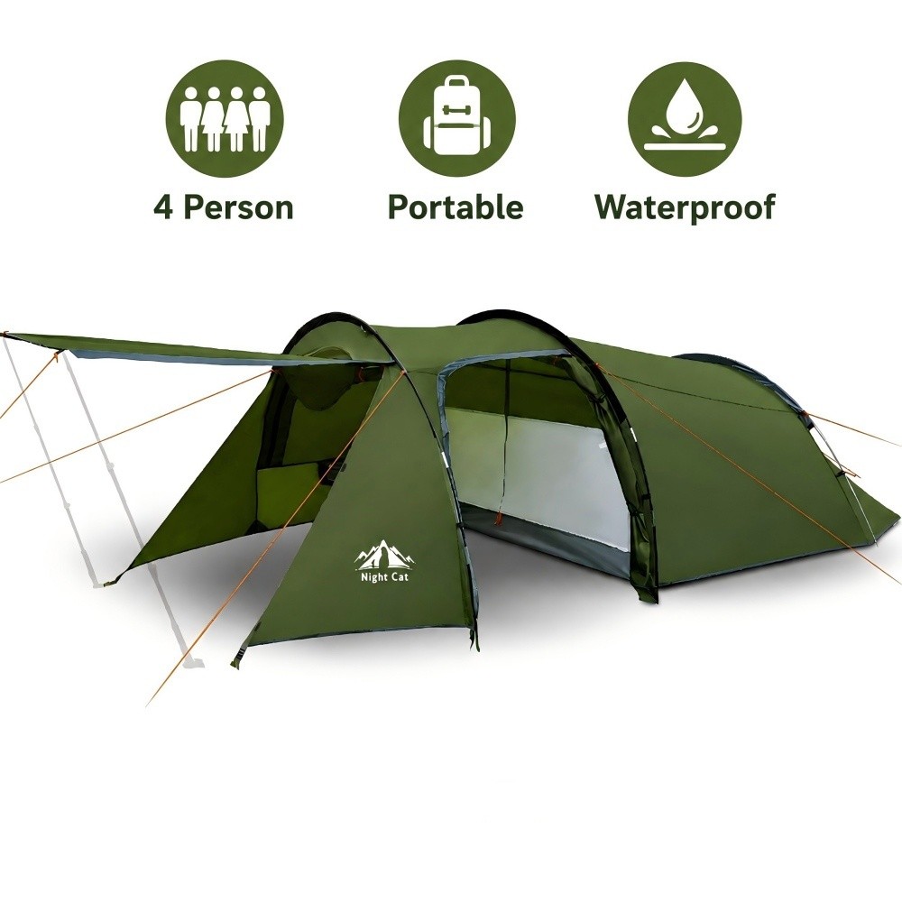 Family Camping Tent 4 Person Waterproof Tunnel Tent Porch for Outdoor Travel