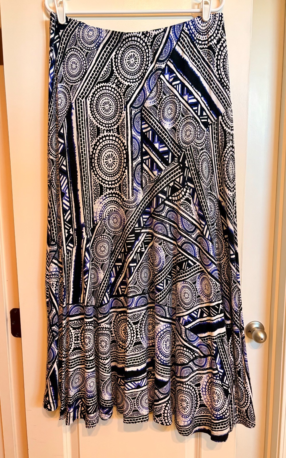 Chico\'s Geometric Print Maxi Skirt, Black, White, &Purple, Sz 2, A-line, Pull On