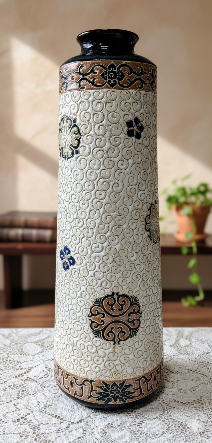 Vintage Japanese Satsuma Style Moriage Ceramic Cylinder Vase Blue Floral 16.75\