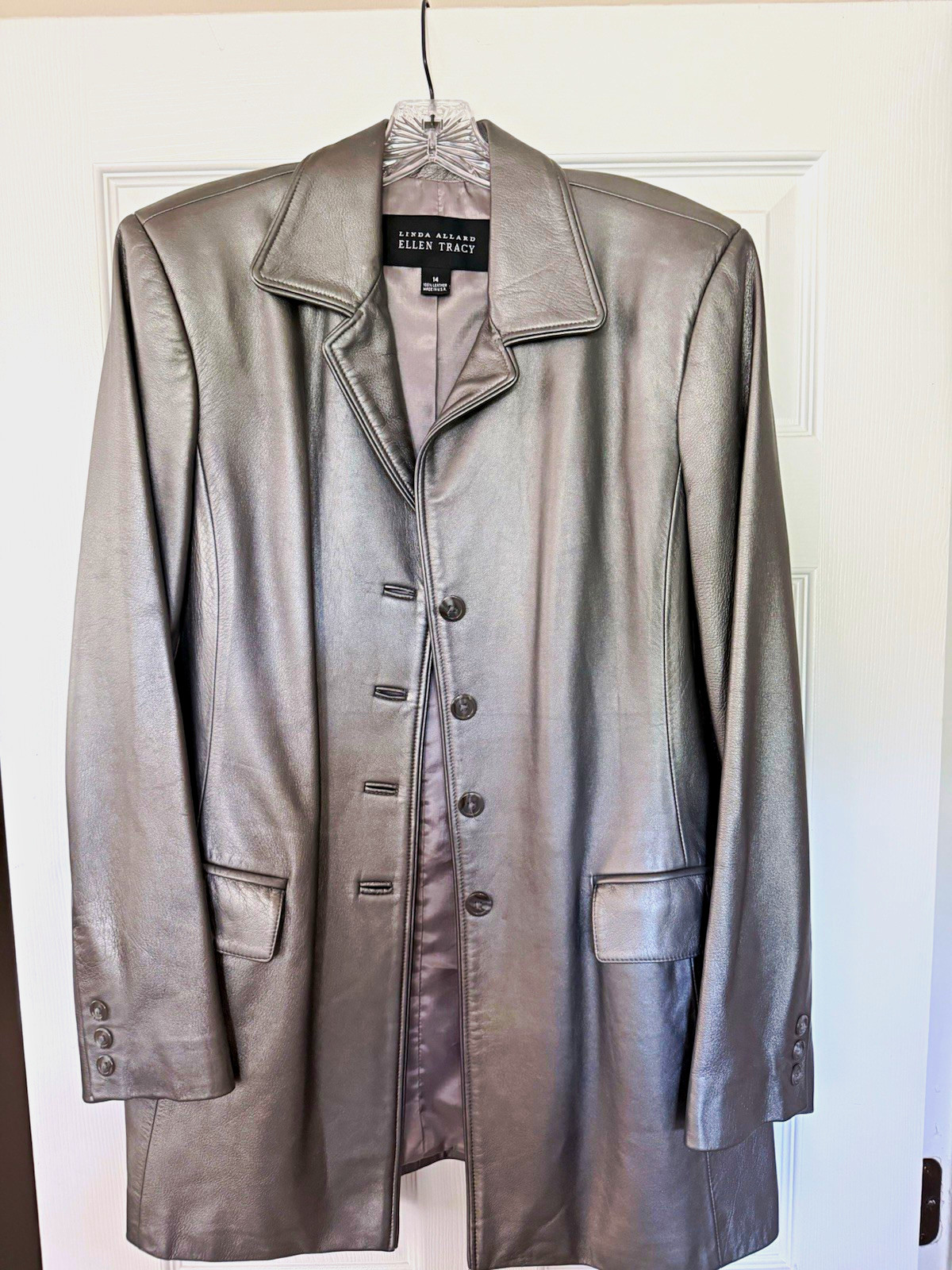Vintage Linda Allard Ellen Tracy Silver Metallic Blazer Coat Size 14 Made in USA