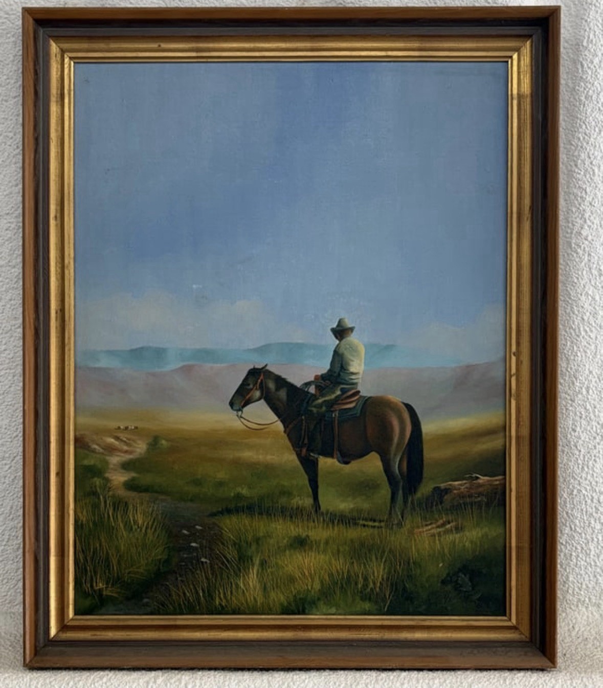 Vintage Traditional Western Oil Painting - Lone Cowboy on Horseback