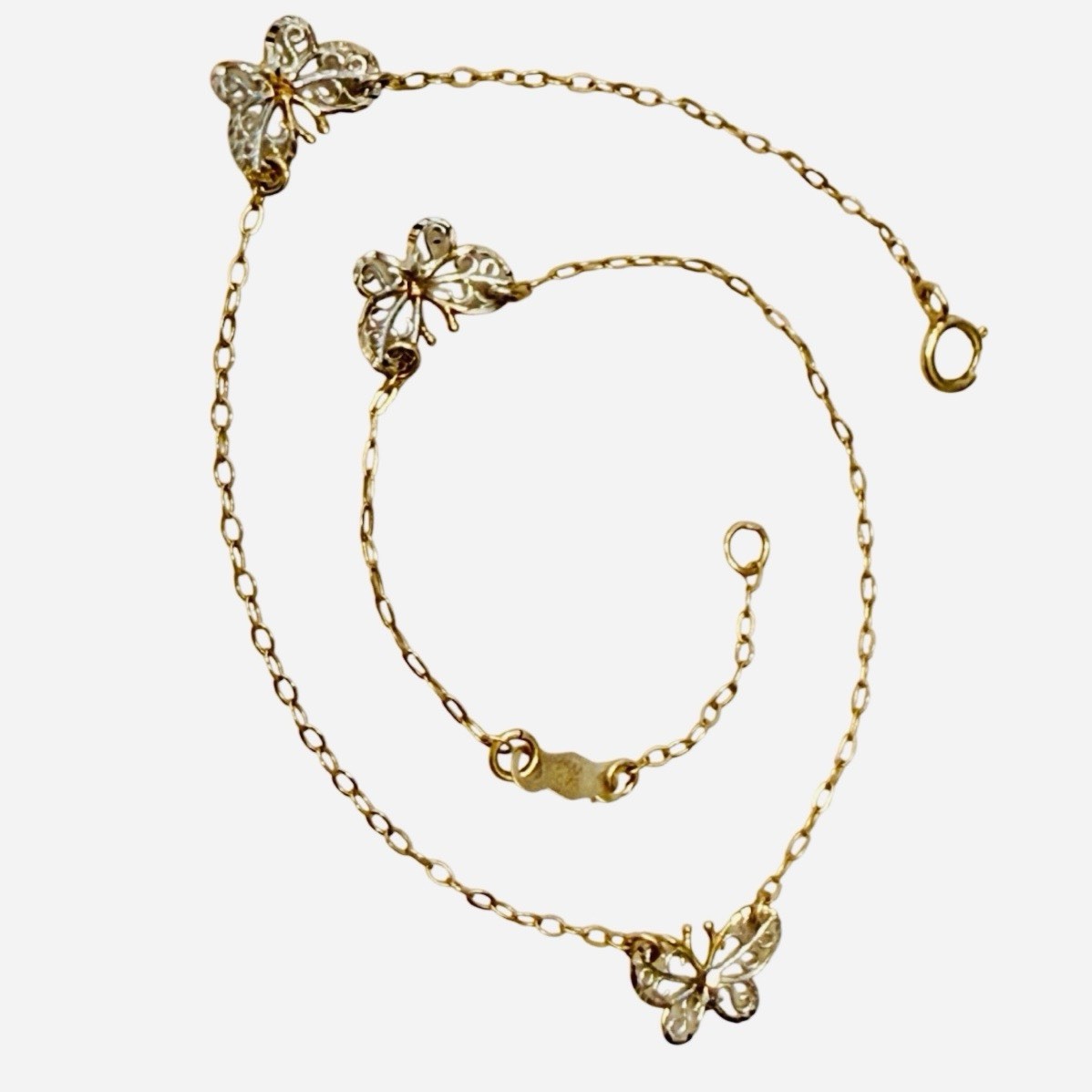 Vintage Dainty JCM Jacmel 10K Solid Gold Filigree Butterflies Chain Anklet 9-10”