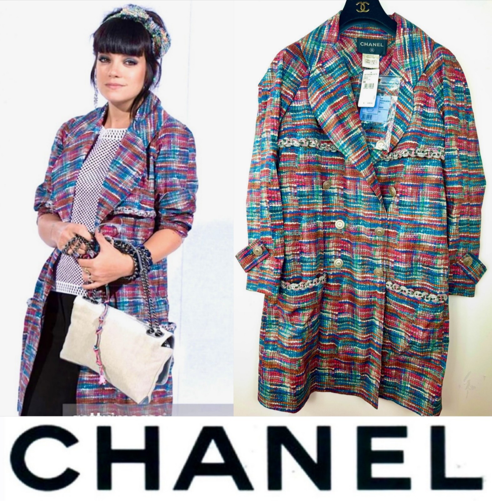 5K Chanel 2014 Long Blue Trench Coat 34 36 38 4 6 8 Jacket Tweed Logo 14p S M
