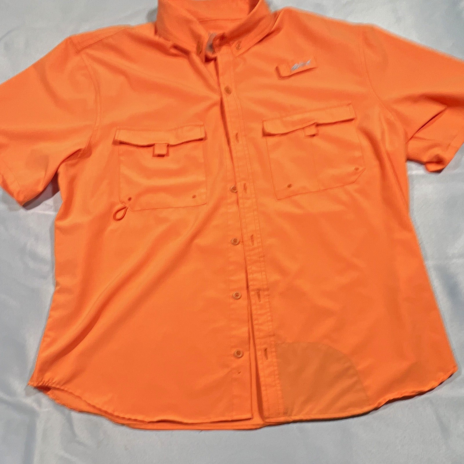 Silver Bait Men\'s L Orange Button-Up Fishing Shirt Polyester Pockets Fish Logo