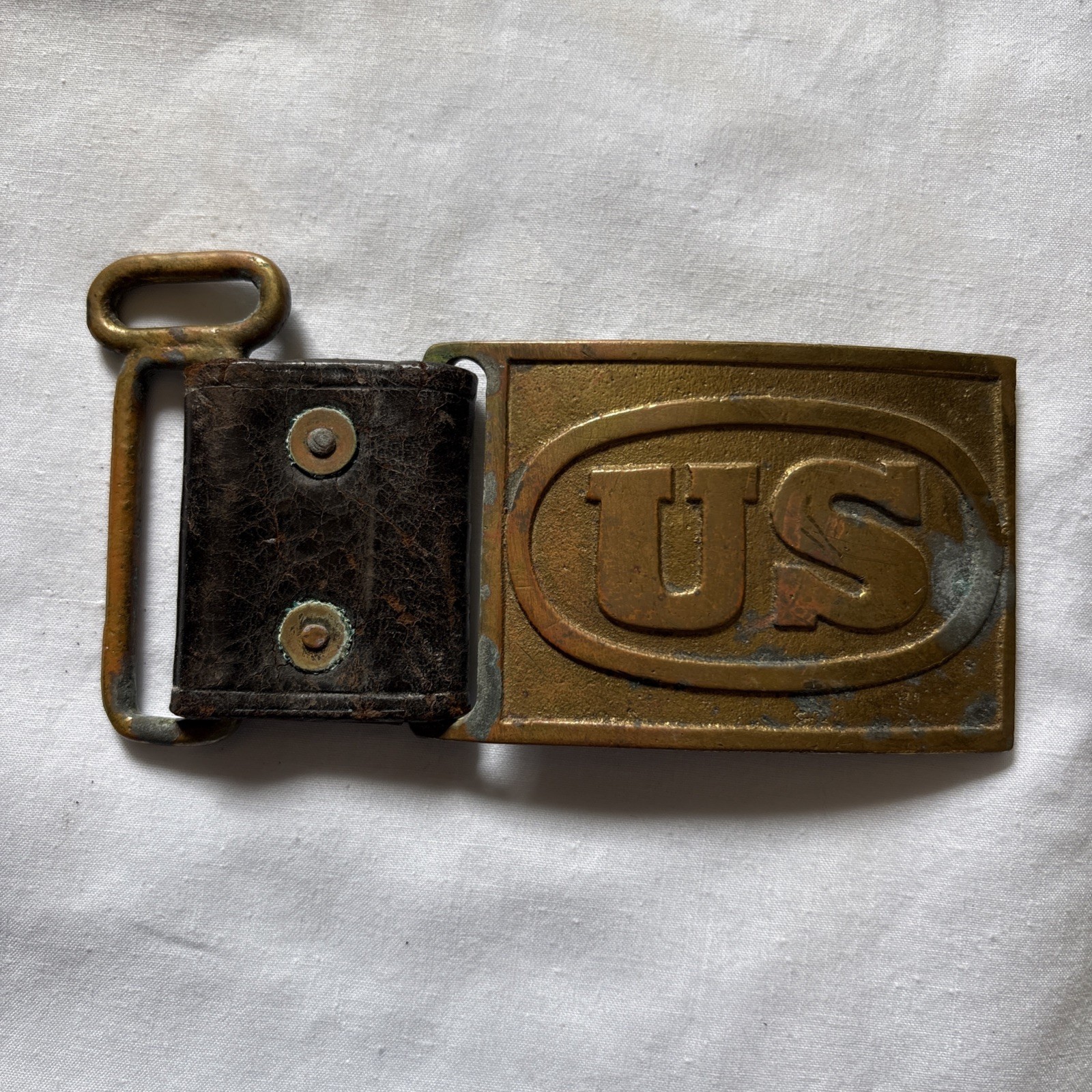 US Army Indian War Era Enlisted Brass Belt Buckle Plate w/Leather Keeper 1872-74