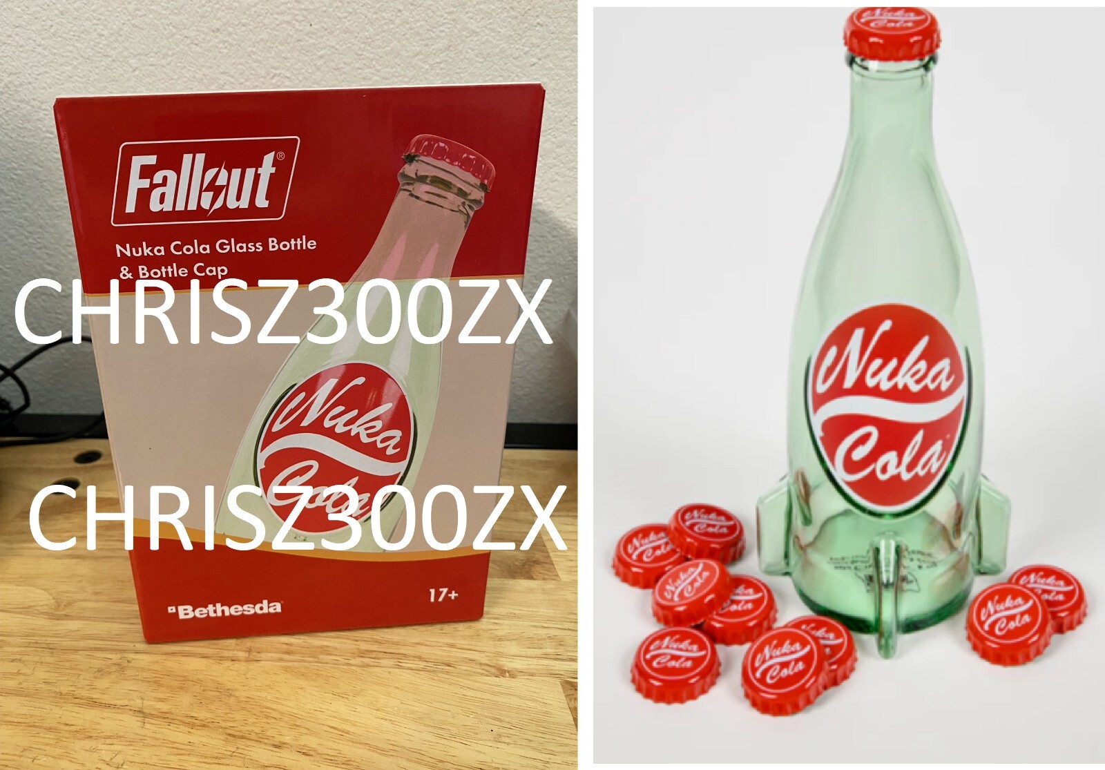 Fallout Nuka Cola Glass Bottle Original + 10 Bottle Caps Rocket Replica Figure