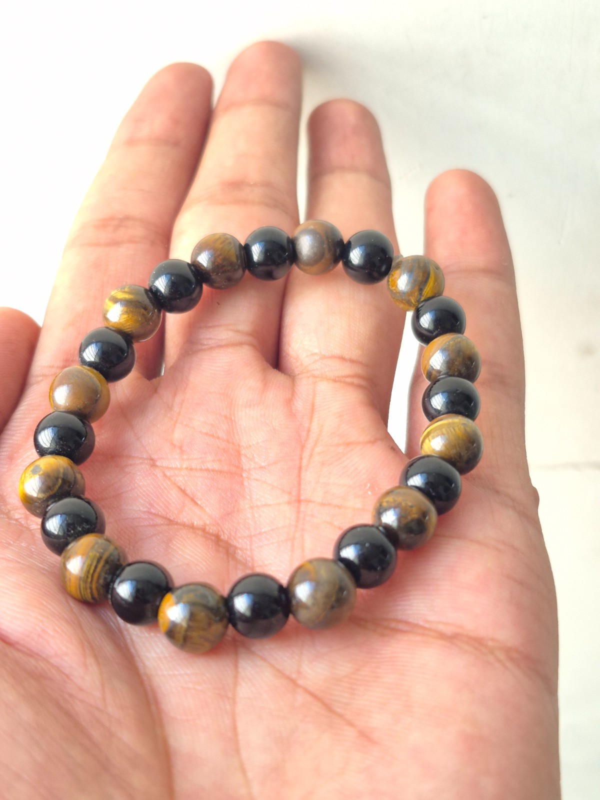 KStoneCraft Tiger Eye and Black Onyx Beaded Bracelet, Handmade Gemstone Jewelry