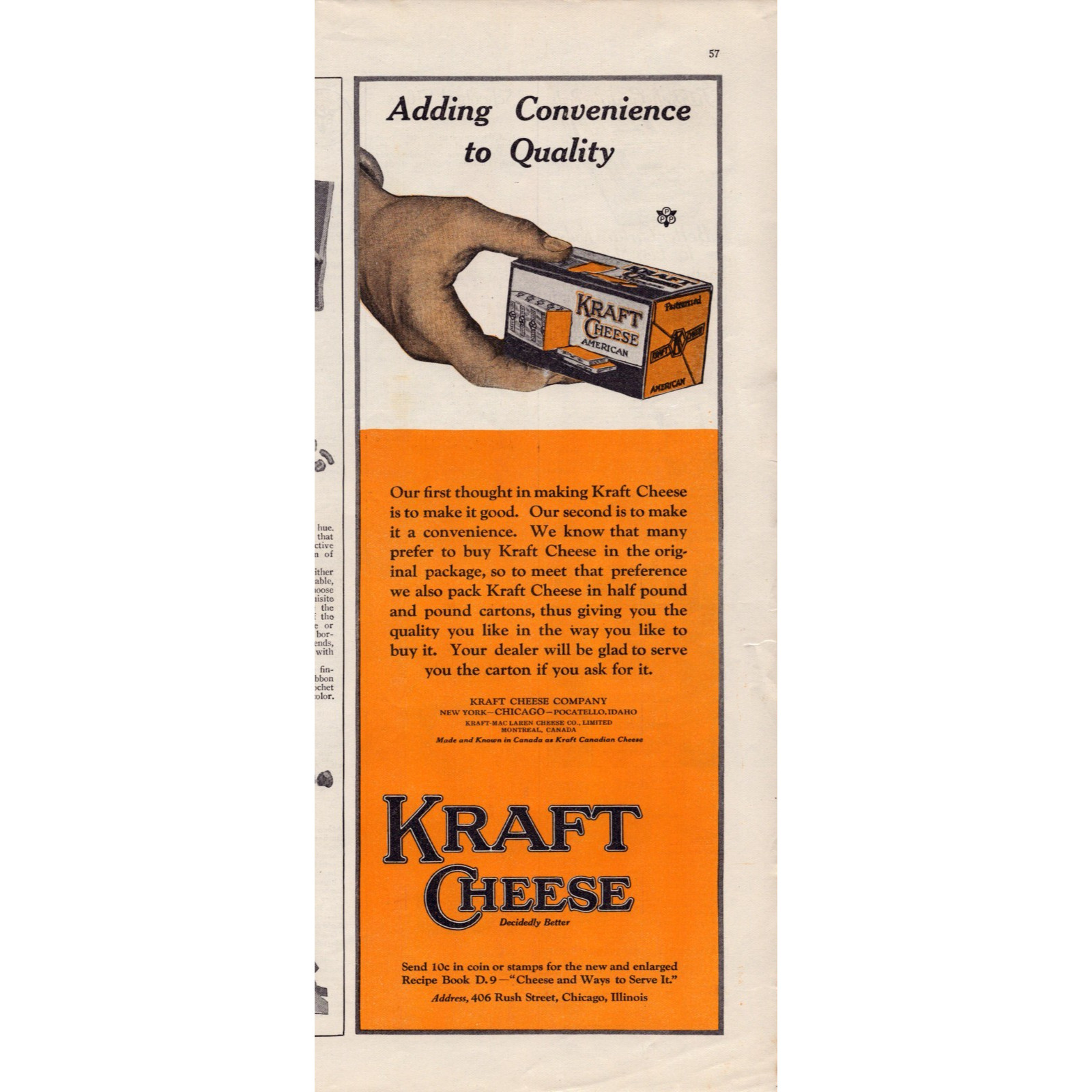 Kraft Cheese Co 1925 Priscilla Vtg Half Page Print Ad Box w Hand American Cheese