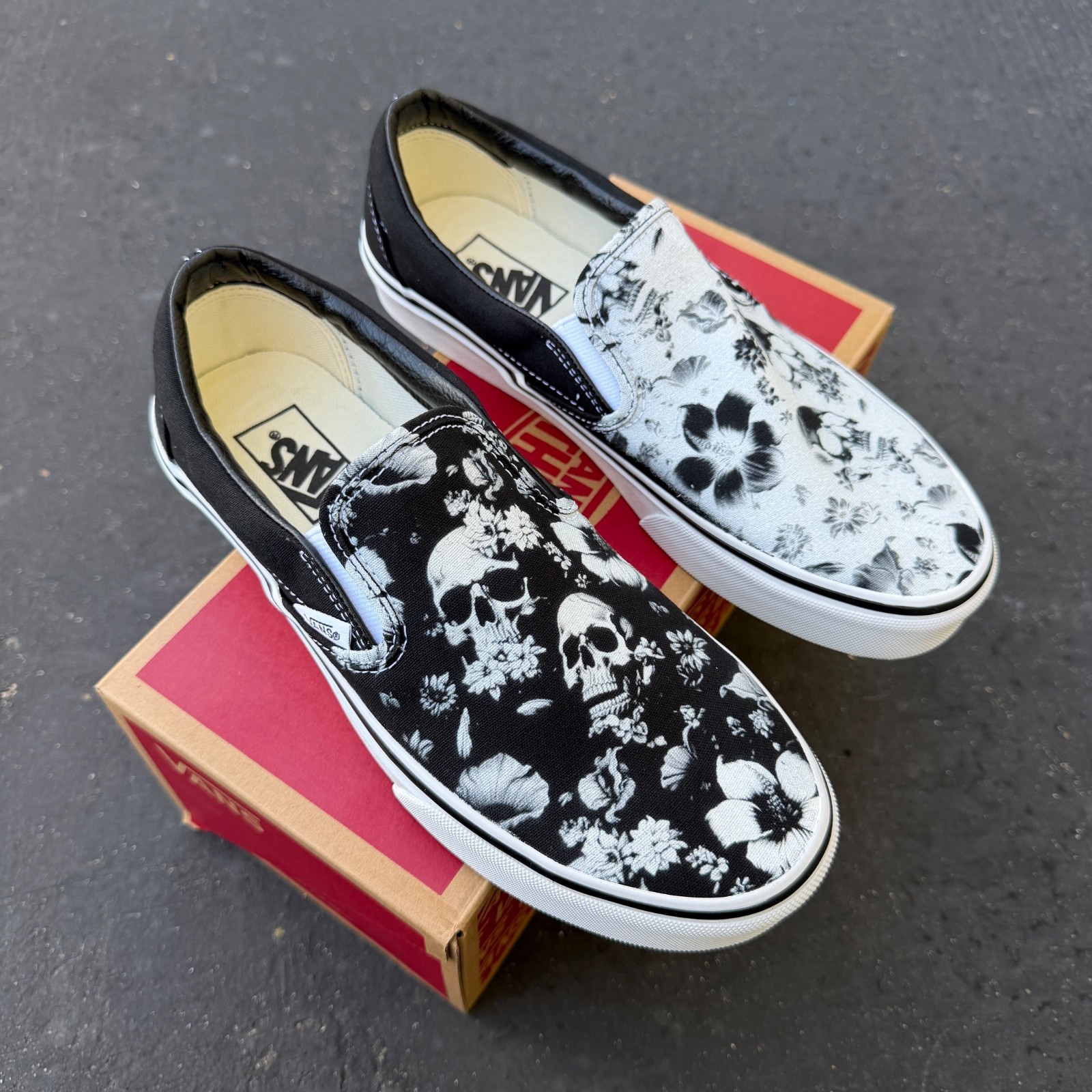 Skull and Flowers Positive Negative Custom Slip on Vans
