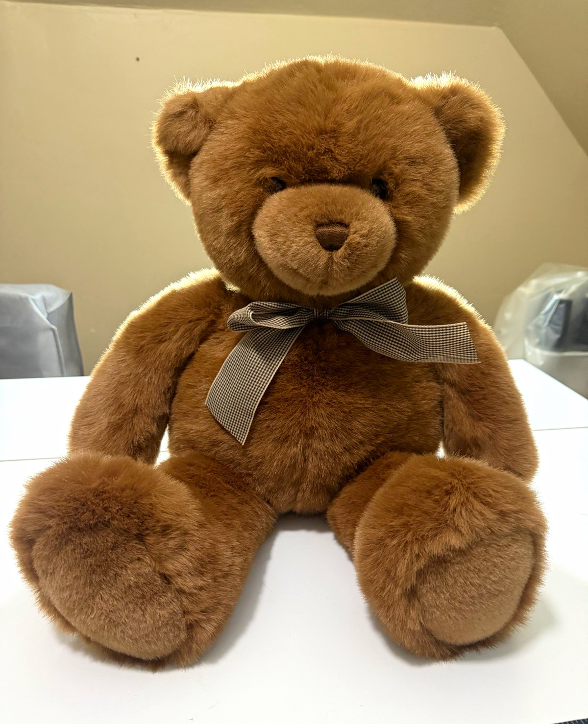 Vintage 1986 GUND 24” Large Brown Teddy Bear Checkerboard Bow Original Tags