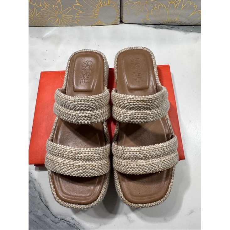 Crown Vintage Platform Slide Sandals Womens 6 Beige Good Woven Raffia Two Strap